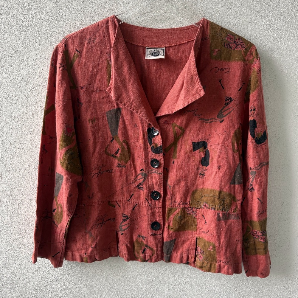 Vintage Tom Tom Linen Medium Top Button Up Quirky Artsy Boxy‎ Long Sleeve Retro